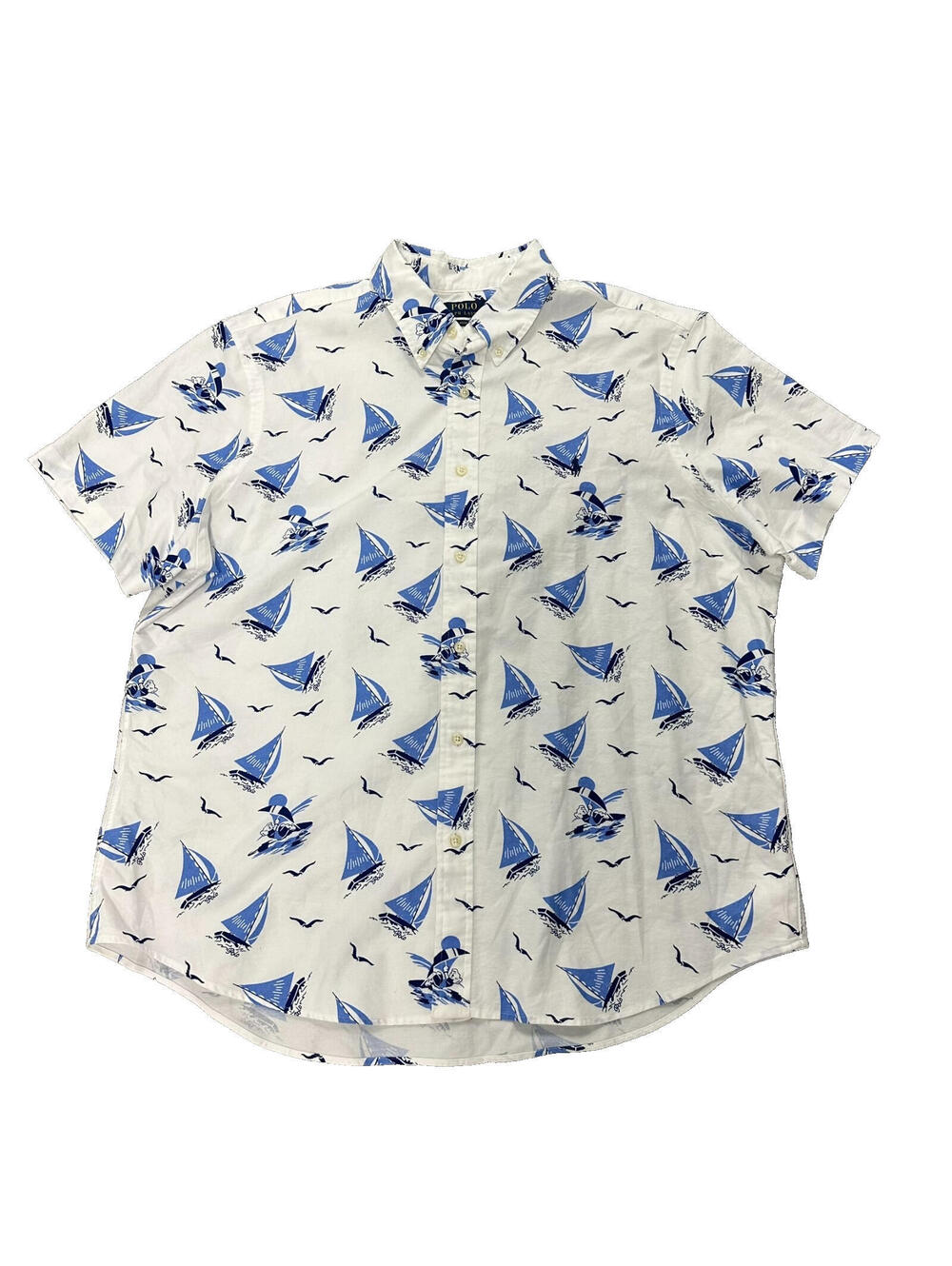 Polo Ralph Lauren Short Sleeve Shirt Men XXL Blue Sailboat Cotton Oxford Classic